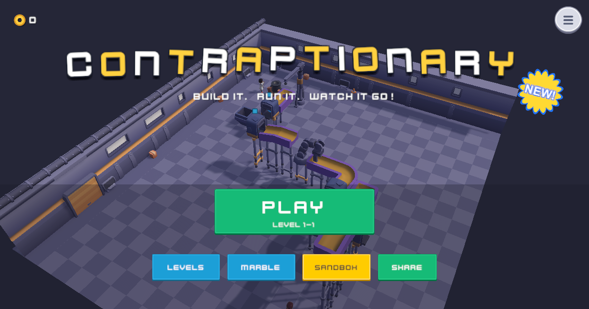 Contraptionary: a marble machine with a cannon and a loop, ready to run
